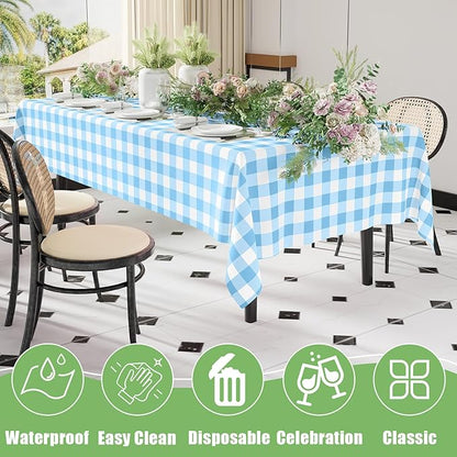 Smiry 6 Pack Baby Bule Gingham Disposable Tablecloths - 54" x 108" Heavy Duty Plastic Table Cloth, Waterproof Buffalo Plaid Table Covers for Picnic, Banquets, Parties