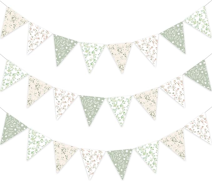 3pcs Sage Green Floral Triangle Bunting Banners Garland, Boho Wildflower Pennant Flags for Baby Shower Bridal Shower Wedding Birthday Party Garden Home Decor