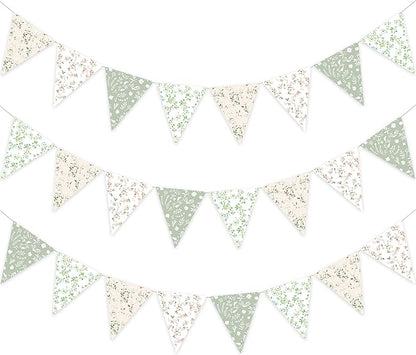 3pcs Sage Green Floral Triangle Bunting Banners Garland, Boho Wildflower Pennant Flags for Baby Shower Bridal Shower Wedding Birthday Party Garden Home Decor