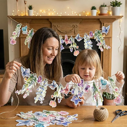48Pcs Flower Fairy Banner Decorations Floral Designs Wildflower Garland – with 5m Jute Rope, for Baby Shower, Wedding, Easter Backdrop, Enchanted Garden Party Supplies (Butterfly)