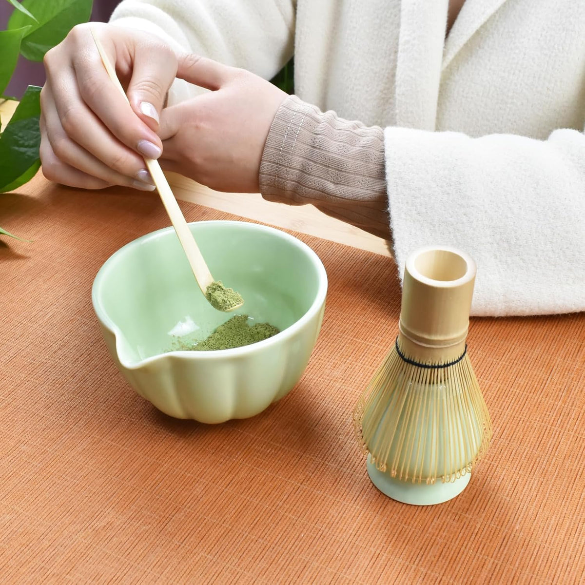 Artcome 4 Pcs Japanese Matcha Tea Set - Matcha Bowl with Pouring Spout, Matcha Whisk, Tea Scoop, Whisk Holder, Handmade Matcha Ceremony Kit For Japanese Tea Ceremony, Green