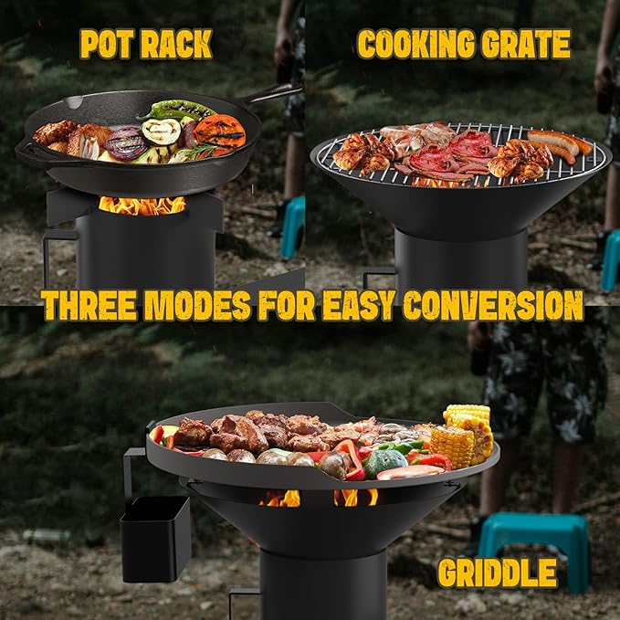 3-in-1 Camp Rocket Stove Kit with BBQ Grate, Griddle, Pot Rack, Portable Wood Burning Stove with Detachable Stand, Camping Gear for Outdoor Cooking Patio Barbecue RV Tailgating, GS345