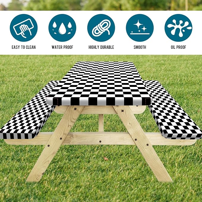 Picnic Table Cover with Bench Covers and Bag, Black and White Checkered Buffalo Plaid Camping Tablecloth Waterproof Windproof Elastic Edges Fitted Gingham Tablecloth for Outdoor Garden 3PCS 30x72 Inch