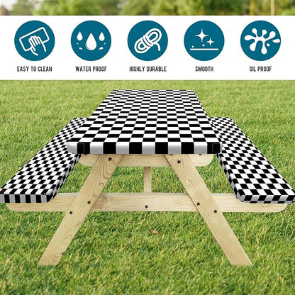 Picnic Table Cover with Bench Covers and Bag, Black and White Checkered Buffalo Plaid Camping Tablecloth Waterproof Windproof Elastic Edges Fitted Gingham Tablecloth for Outdoor Garden 3PCS 30x72 Inch