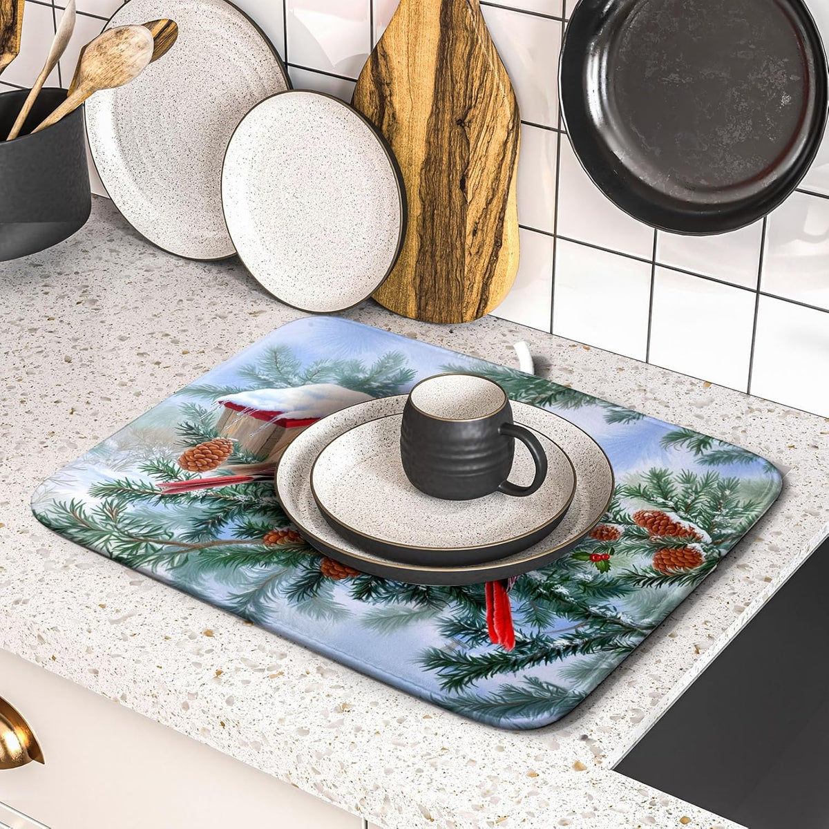 Winter Red Cardinal Bird Dish Drying Mat for Kitchen Counter,Holly Berry Branches Xmas Snowflake Cabin Drying Mat 16 x 18 Inch with High Absorbent