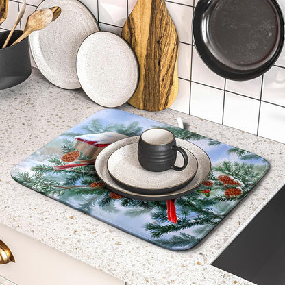 Winter Red Cardinal Bird Dish Drying Mat for Kitchen Counter,Holly Berry Branches Xmas Snowflake Cabin Drying Mat 16 x 18 Inch with High Absorbent