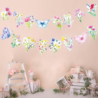 Wildflower Party Banners 2PCS Wildflower Birthday Party Supplies Spring Floral Party Decorations Wildflowers Themed Cutout Banner for Girl Women Garden Themed Decor