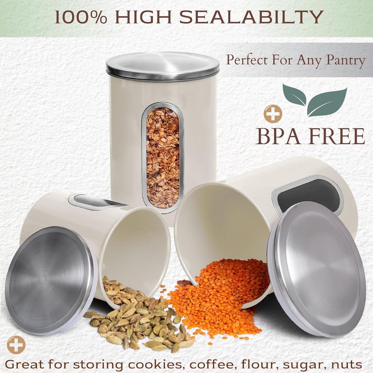 Moss & Stone 3-Piece Beige Canisters Sets For The Kitchen, Airtight Canister Set With See Through Window, Storage Jars for Coffee Container