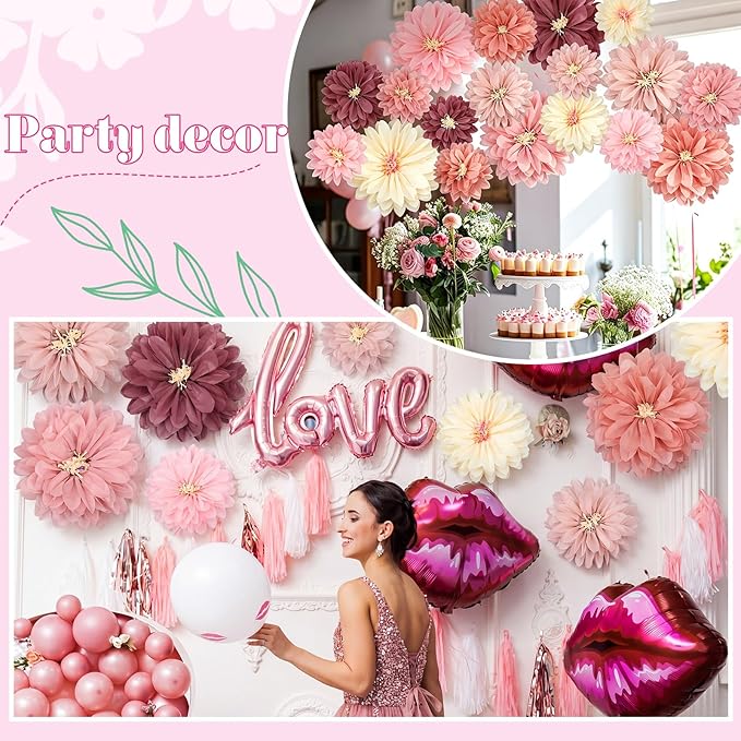 Geyee 18 Pcs Mexican Paper Flowers Colorful Fiesta Tissue Paper Flowers Pom Poms Mexican Carnival for Floral Party Backdrop Wedding Birthday Party Craft (Vintage Color,12" 14" 20")