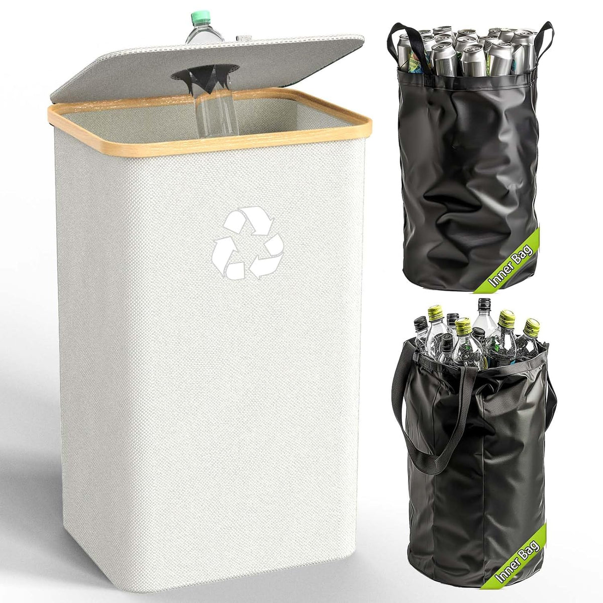 Recycling Bin for Kitchen Indoor Home, Large 100L/ 27 Gallon Recycle Bin with Lid Removeable Reusable Inner Bag Bottle Can Glass Waste Plastice Stickers (White, 27 Gallon)