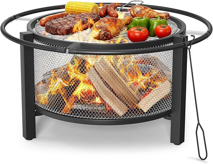 ONBRILL 2-in-1 32 Inch Fire Pit with Cooking Grill, Outdoor Wood Burning Firepit with Poker for BBQ, Bonfire, Picnic, Party, Round Metal Fire Pit for Outside, Backyard, Patio