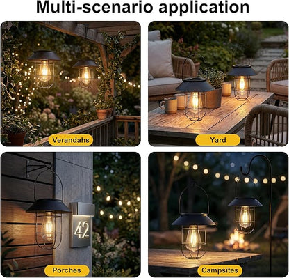 Livinlarge Solar Lanterns Outdoor Waterproof,Hanging Solar Lights for Outside with Wall Hooks Windproof Hook,Retro Metal Outdoor Lanterns Auto On/Off for Porch,Patio,Garden,Yard Decor 2 Pack（Black）