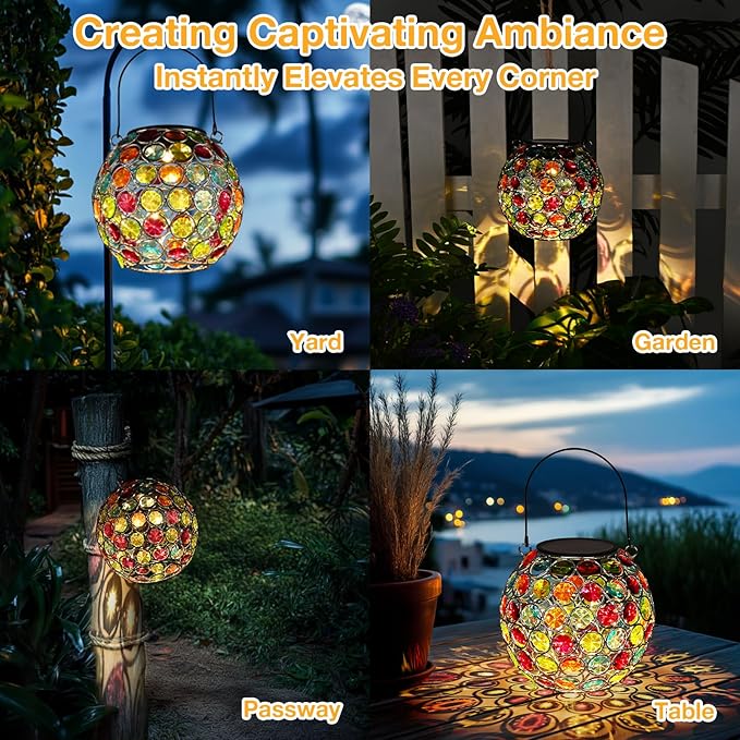Uspring Crystal Mosaic Solar Lanterns Outdoor Waterproof Decorative Hanging Solar Lights for Outside, Gifts for Women Mom Grandma Garden Decor for Patio Backyard Porch Pathway Lawn Walkway, Red