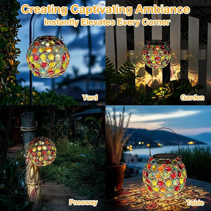Uspring Crystal Mosaic Solar Lanterns Outdoor Waterproof Decorative Hanging Solar Lights for Outside, Gifts for Women Mom Grandma Garden Decor for Patio Backyard Porch Pathway Lawn Walkway, Red