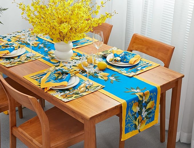 YiHomer Provence Blue Lemon Mediterranean Tile Tabletop for Spring Summer Decorations, Picnics and Dinner Parties - Indoor Outdoor, Stain and Water Resistant, Table Runner, 14 x 108