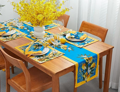 YiHomer Provence Blue Lemon Mediterranean Tile Tabletop for Spring Summer Decorations, Picnics and Dinner Parties - Indoor Outdoor, Stain and Water Resistant, Table Runner, 14 x 108