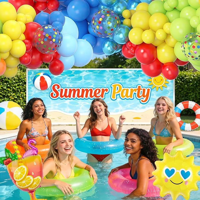 Amandir 165Pcs Summer Beach Pool Party Balloons Decorations Splash Tropical Balloon Arch Garland Kit, Foil Wine Glass Sun Colorful Balloons for Hawaiian Luau Holiday Swimming Birthday Party Backdrop