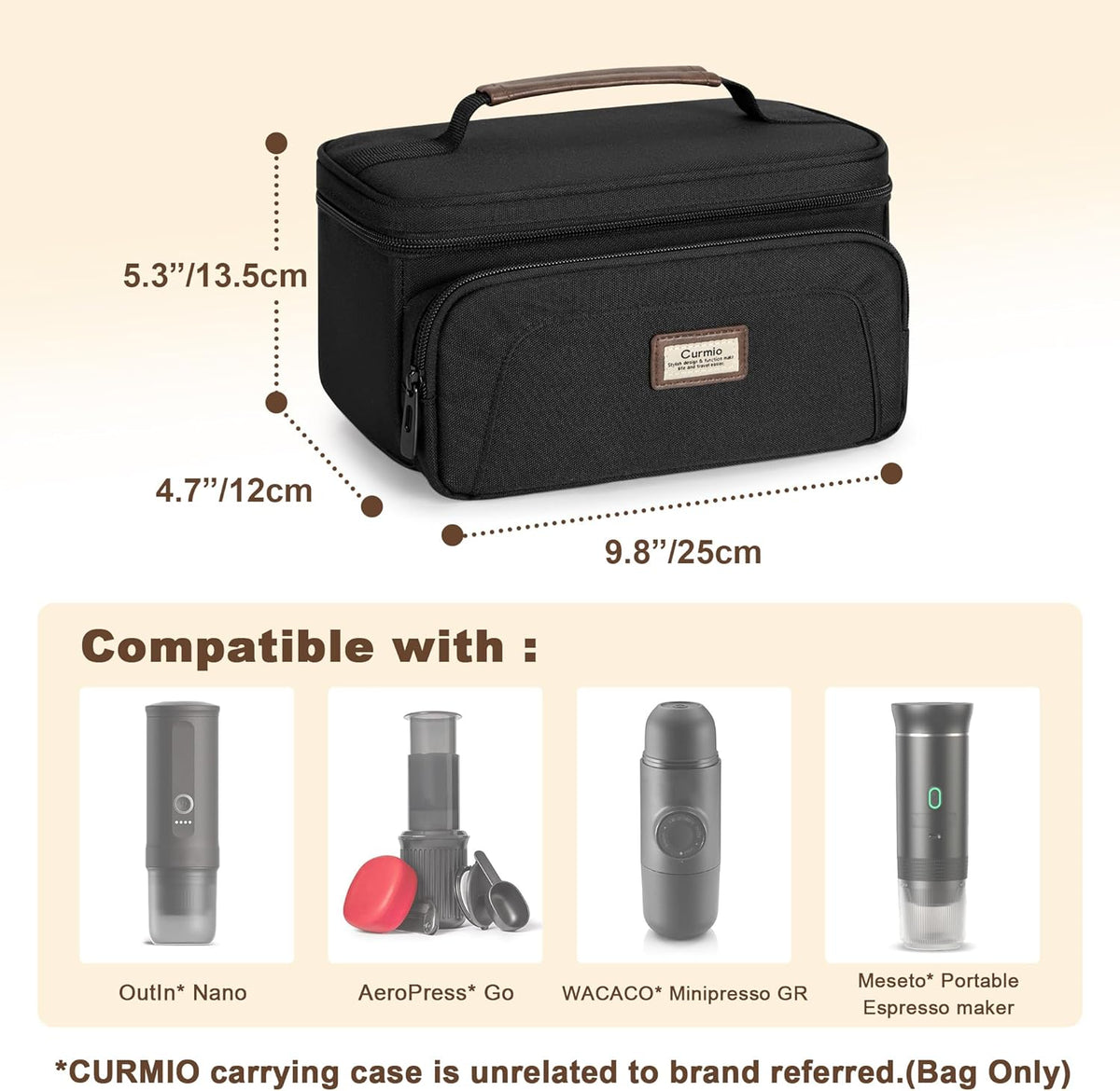 CURMIO Carrying Case Compatible with OutIn Nano Portable Electric Espresso Machine, Camping Coffee Maker Travel Bag with Pockets for Capsules and Accessories, Black