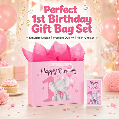Powbrace 13" Pink Happy Birthday Gift Bag with Tissue Paper and Greeting Card for Party,Happy Birthday Gift Bag for Girls Babies,Gift Bags Medium size(1 PCS Pink Cartoon)