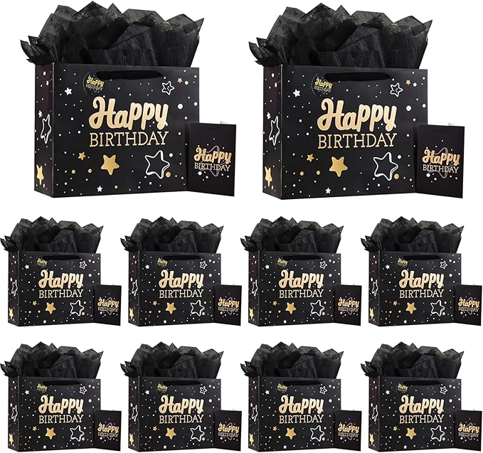 13" Black Happy Birthday Gift Bag with Tissue Paper and Greeting Card for Party,Happy Birthday Gift Bag for Men Women,Gift Bags Medium size(10 PCS Black Hot Stamping)