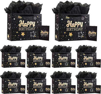 13" Black Happy Birthday Gift Bag with Tissue Paper and Greeting Card for Party,Happy Birthday Gift Bag for Men Women,Gift Bags Medium size(10 PCS Black Hot Stamping)