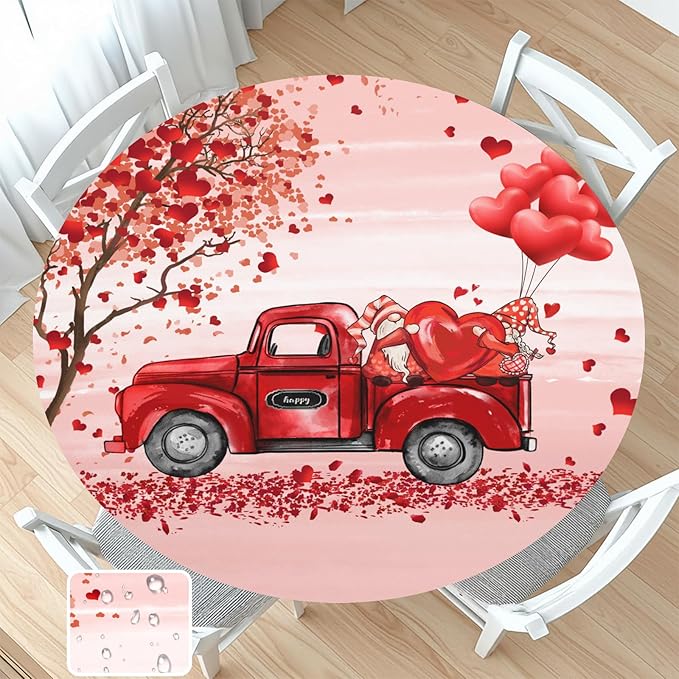 Valentines Day Round Fitted Tablecloth with Elastic Pink Red Heart Circle Table Cloth for 48-52" Round Tables Wipeable Waterproof Washable Gnome Truck Valentine Table Cover for Dining Picnic Party