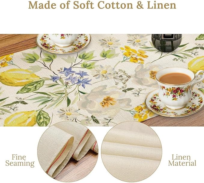 Vintage Lemon Blossom Table Runner Seasonal Spring Summer Floral Farmhouse Dining Table Decoration for Home Holiday Party Dresser Kitchen Cabin Restaurant Wedding Decor 13×70in