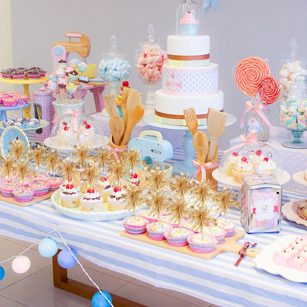 30 PCS Foil Firework Cupcake Toppers Happy Birthday Cake Toppers Star Sparkle Tinsel Flower Drink Stirrers Cocktail Fruit Toothpicks for Valentine's