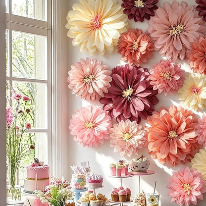 Geyee 18 Pcs Mexican Paper Flowers Colorful Fiesta Tissue Paper Flowers Pom Poms Mexican Carnival for Floral Party Backdrop Wedding Birthday Party Craft (Vintage Color,10" 12" 14")