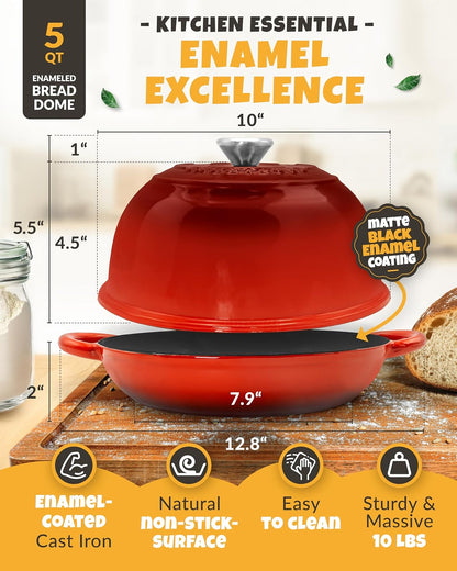 Dutch Oven Bread Baking - 5QT Enamel Bread-Oven - incl Sourdough Bread-Baking Suppliers like Dough Whisk Scoring Lame etc Bread-Dome Cast Iron Bread-Pan with Lid for Sour dough, Bread-making