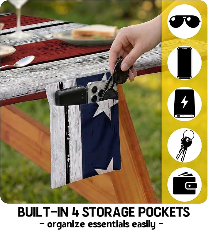 Picnic Table Cover with Bench Covers Waterproof Rectangle Tablecloth Camping Essentials Supplies Rv Travel Must Haves Gear Accessories Fitted Table Cloth Outdoor Road Trip Camper Gifts American Flag
