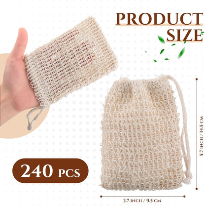 Rtteri 240 Pcs Soap Exfoliating Bag, Natural Sisal Soap Pouch Saver Body Shower Bar Mesh Body Net with Drawstring for Foaming and Drying