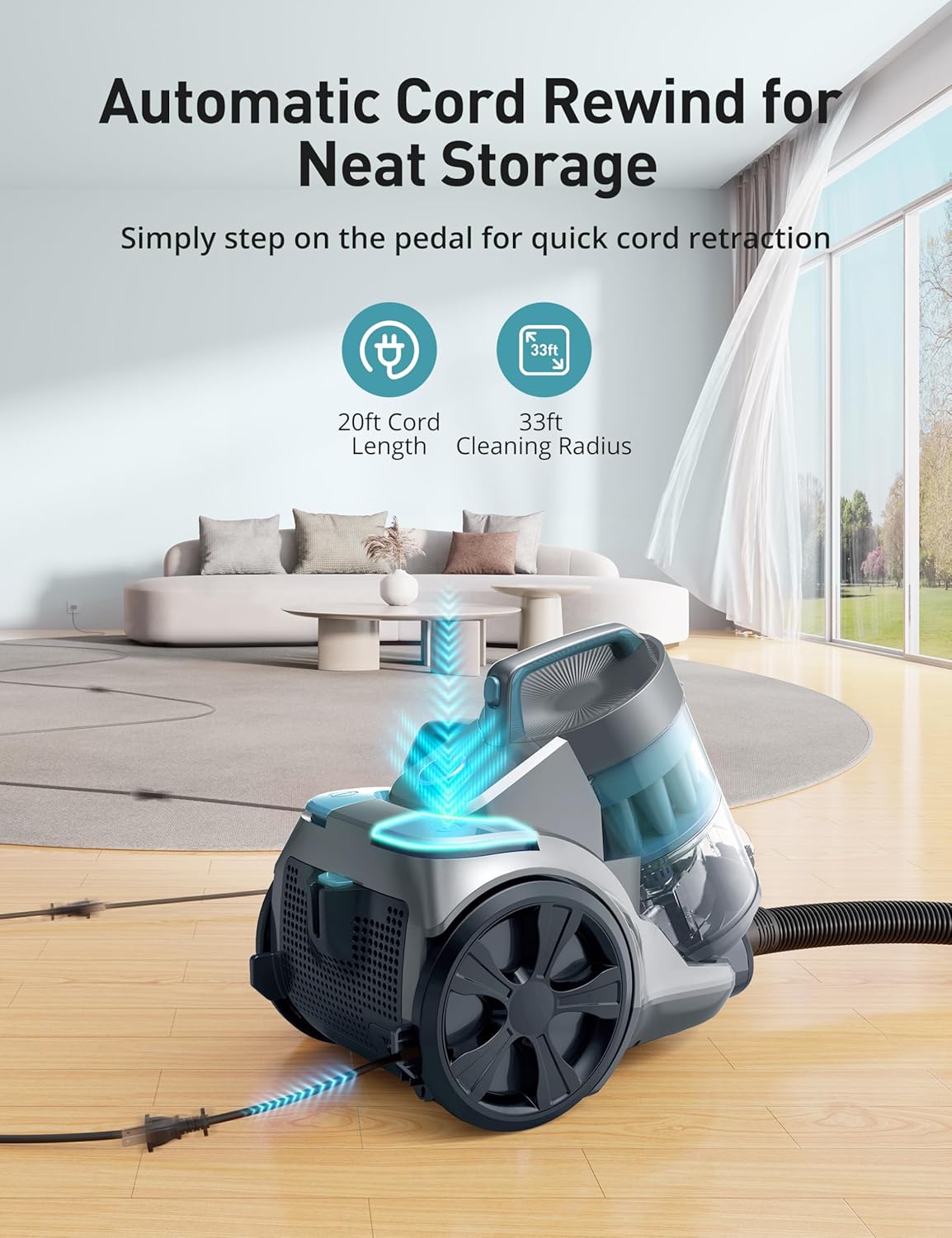 Aspiron 1700W Canister Vacuum Cleaner, 32Kpa Bagless Vacuum Cleaner, Multi-Cyclonic Filtration, 2 Anti-Allergen HEPA Filters, 3.5QT Dust Cup, 4 Tools, Corded Vacuum for Hard Floor, Pet Hair, Teal