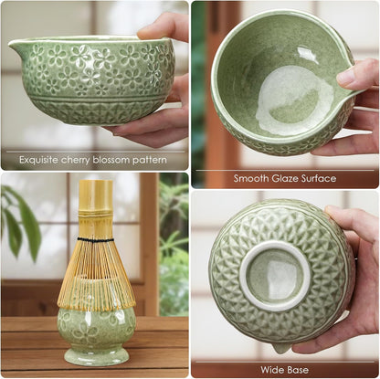 7Pcs Matcha Whisk Set, Ceramic Matcha Bowl with Spout,Bamboo Whisk and Holder, Bamboo Scoop,Scoop Rest,Sifter and Tea Towel,Matcha Kit w/Cherry Blossom Carved Pattern (Mottled Green)