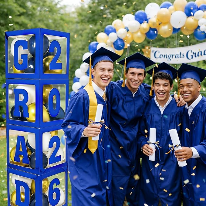 2026 Graduation Decorations - 4Pcs Blue Balloon Boxes with Letters 2026&Grad for Preschool Kindergarten Middle High School College Graduation Party Decorations Class of 2026