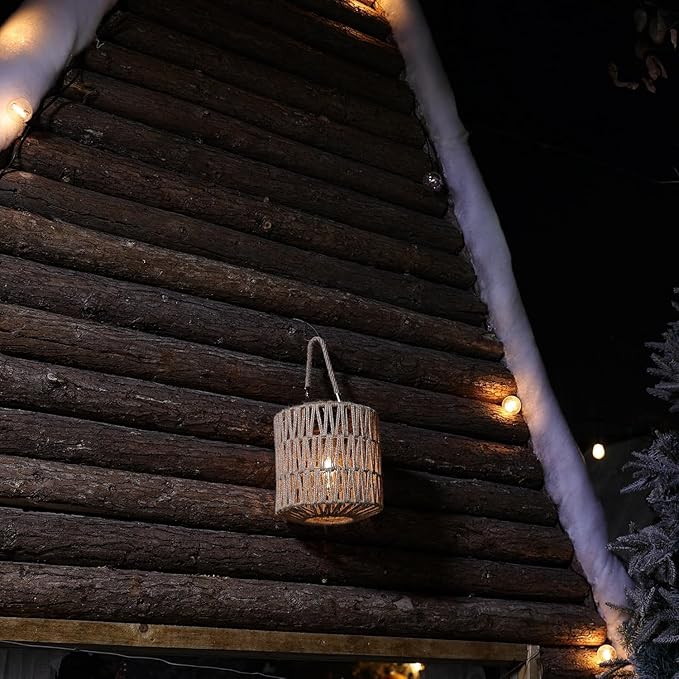 Cooo Large Solar Rope Lantern Outdoor Hanging – Handwoven Jute Rope Lantern with Warm Edison Bulb, IP65 Waterproof Solar Powered Garden Light for Porch Patio, Yard Christmas Decorations, 8.27” Tall