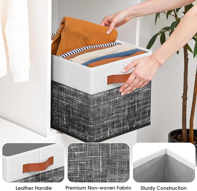 Fab totes Collapsible Storage Baskets for Shelves,14"x10", 8 Pack Foldable Fabric Storage Bins with Double Leather Handles, Large Baskets for Organizing Books, Clothes, White & Black