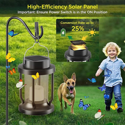 Solar Lantern Outdoor & Indoor Use – Hanging Solar Lights with Realistic Flickering Flameless Candle, Weatherproof for Gardens, Patios, Trees, and Lawns (Black + Gray, 2 Pack)