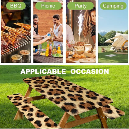 ANNA QUEEN 6FT Leopard Picnic Table Cover with Bench Covers Picnic Table Cover Set 3PCS 72"x30", Waterproof Outdoor Bench and Tablecloth Furniture Protection for Camping Beach BBQ