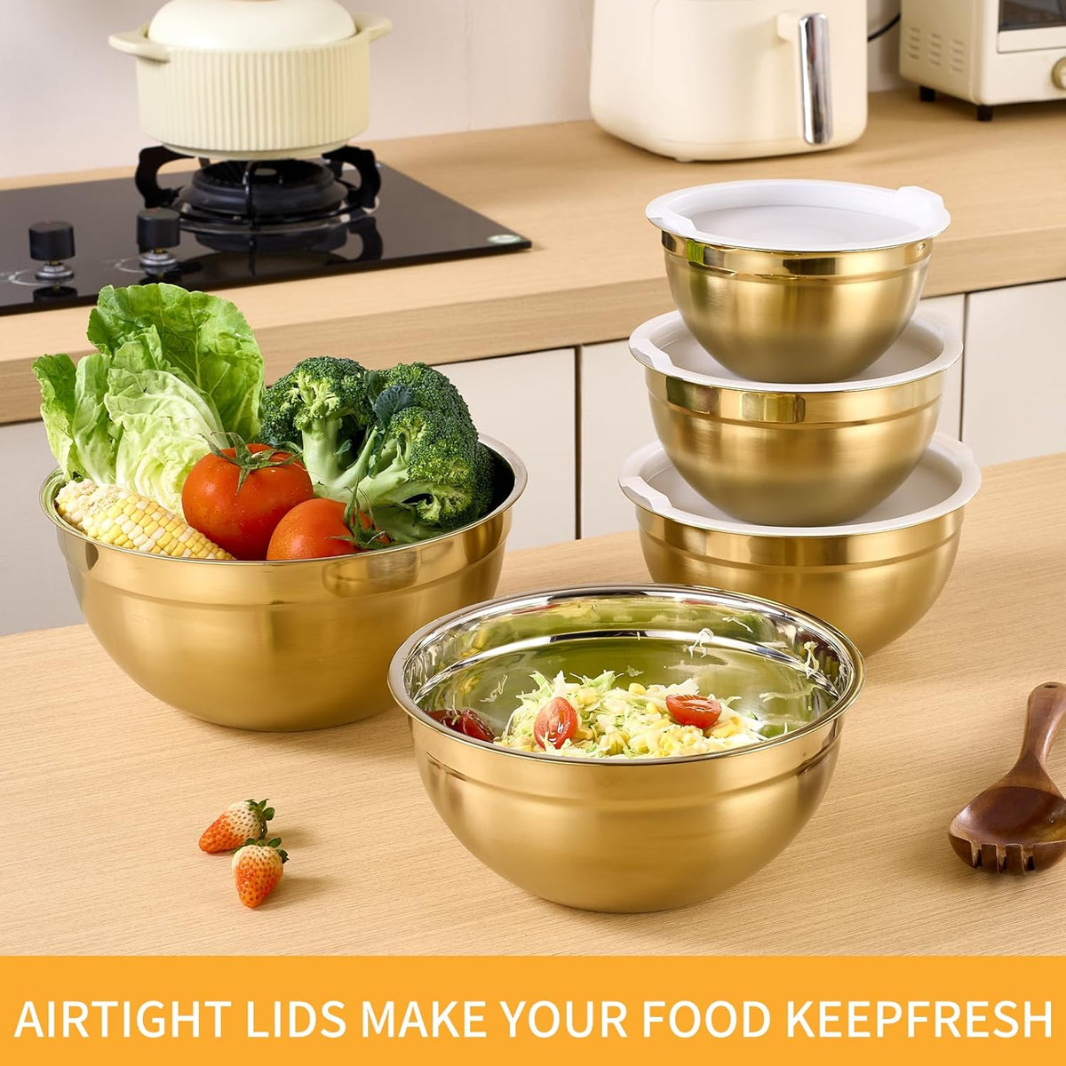 Gold Mixing Bowls With Airtight Lids,Stainless Steel Bowl,Salad Bowls 5 Piece Colorful Nesting Bowl Gold Kitchen Accessories,Size 5.5,3.6,2.7,2.1