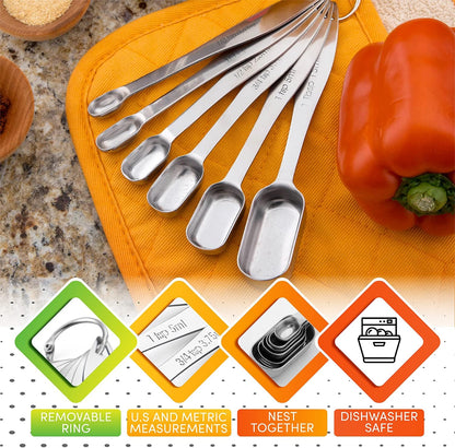 Spring Chef Stainless Steel Measuring Spoons Set of 7 with Leveler, Rectangular Metal Teaspoon & Tablespoon Measuring Spoons for Dry & Liquid