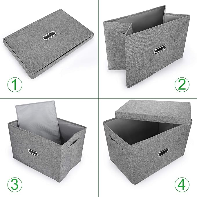 Large Linen Fabric Foldable Storage Bins with Removable Lid and Handles, Washable Storage Box Organizer Containers Baskets Cube with Cover for Bedroom,Closet,Office,Nursery (Khaki, XXL)
