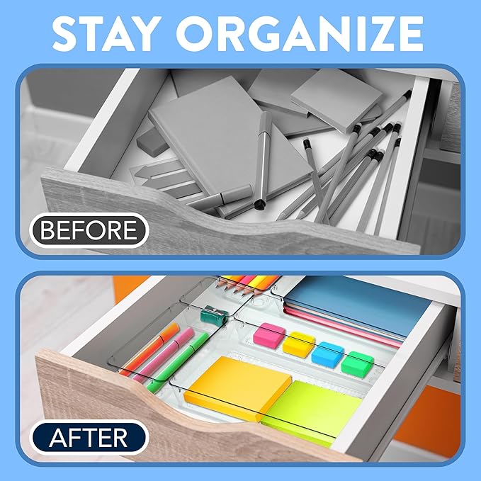 Emporio Kitchen Drawer Organizer Set - Includes 1-piece 9x6" bins, 2-piece 9x3" bins, 6-piece 6x3" Bins, 6-piece 3x3" Bins, Stackable 4 Size Storage Trays for Makeup, Kitchen, and Office, Pack of 15