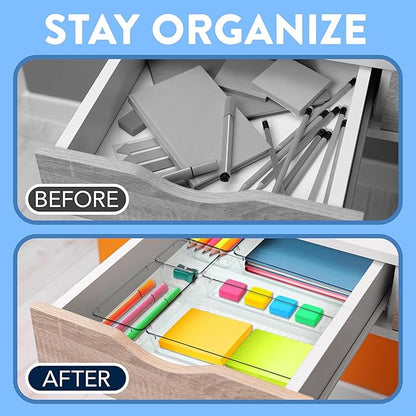 Emporio Kitchen Drawer Organizer Set - Includes 1-piece 9x6" bins, 2-piece 9x3" bins, 6-piece 6x3" Bins, 6-piece 3x3" Bins, Stackable 4 Size Storage Trays for Makeup, Kitchen, and Office, Pack of 15