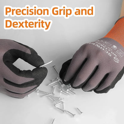 Schwer 12 Pairs Safety Work Gloves with Sandy Nitrile Coating, ANSI A1 Cut Resistant Heavy Duty Working Gloves with Grip for Men Women, Ideal for General Use, Mechanic, Construction, Gardening, M