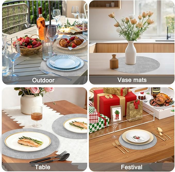 Round Faux Leather Placemats and Coasters, Set of 8, Reversible Heat Resistant Non-Slip Table Mats, Waterproof Wipeable Place Mats for Dining Table, Washable for Indoor & Outdoor (8, Light Grey)