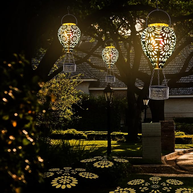 Solar Hot Air Balloon Lantern, Hanging Lanterns Outdoor Waterproof Decorative Metal LED Lantern Solar Lights for Trees Patio Garden Yard Porch Decor, Multi-Color