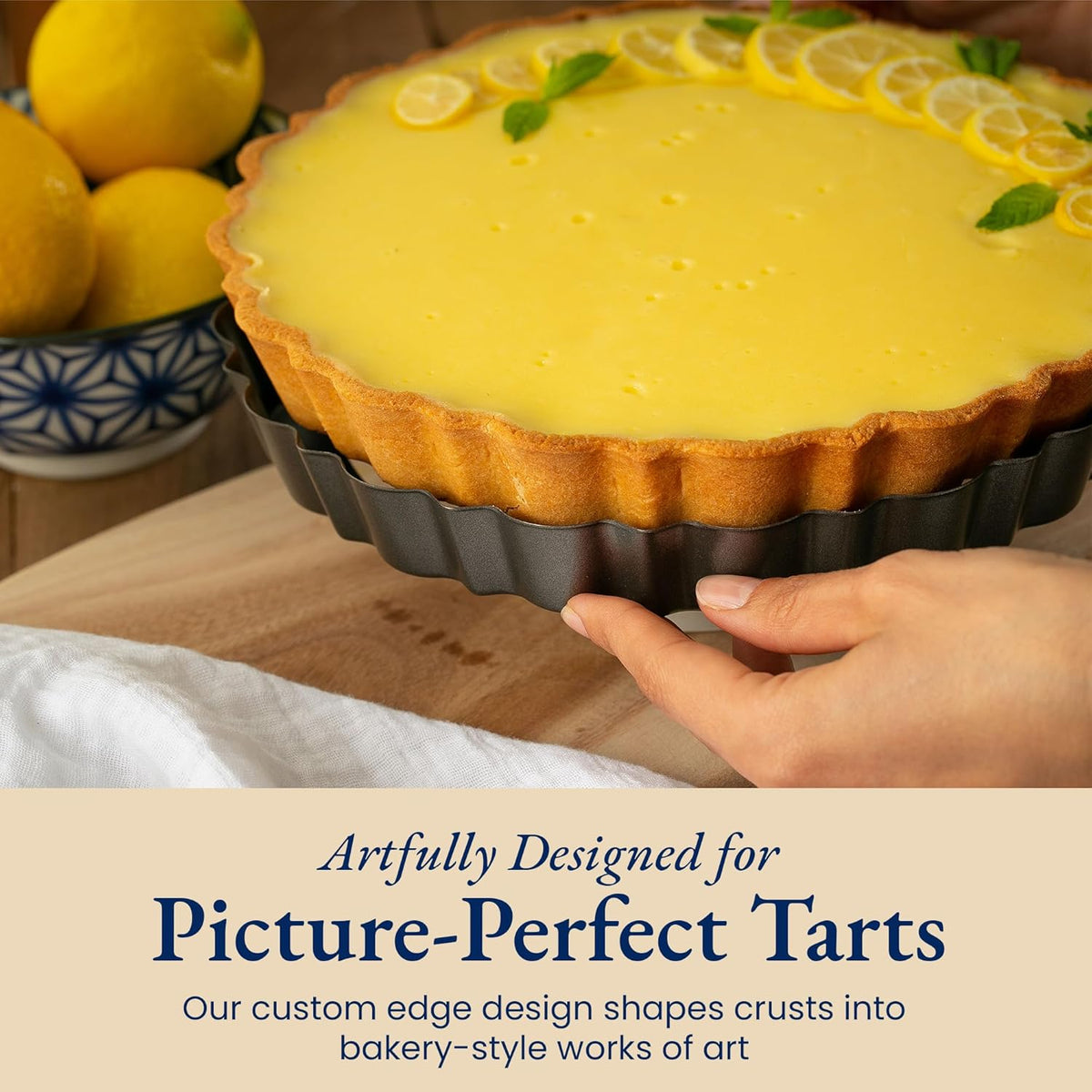 Patz&Patz Fluted Tart Pan 9 Inch Removable Bottom with Patented Silicone Crust Shaper, Nonstick Carbon Steel Quiche Baking Dish