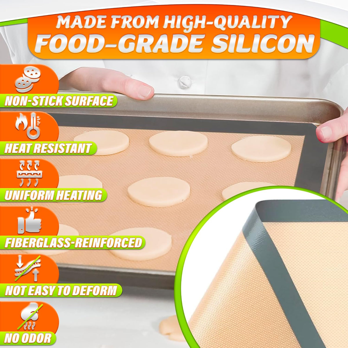 3 Pcs Silicone Baking Mat - Non-Stick Silicone Baking Mats Cookie Sheet with Reinforced Edges, Dishwasher Safe, Heat-Resistant