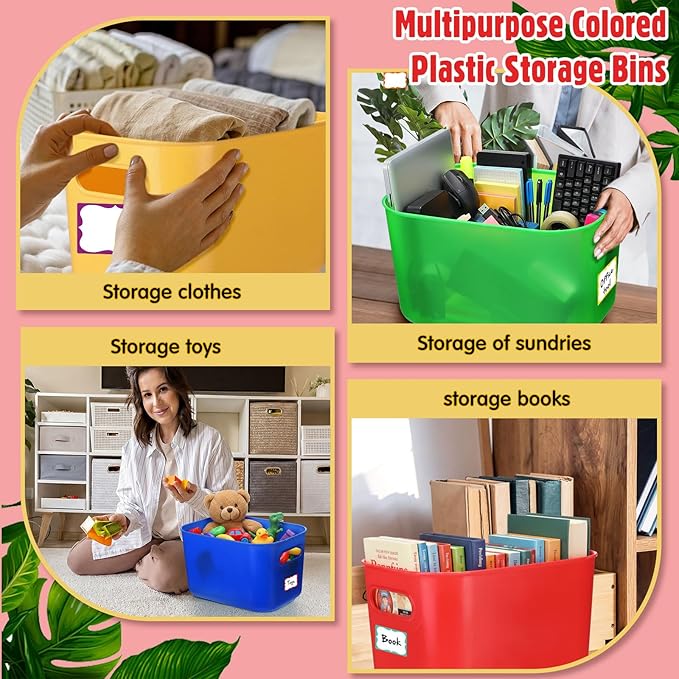 Thyle 12 Pack Vibrant Colorful Plastic Storage Bins with Lids 7 Quart Toy Storage Box Stackable Nestable Organizer Boxes with Handle and Labels for Classroom Shelf Bedroom Desktop Toys School Supplies